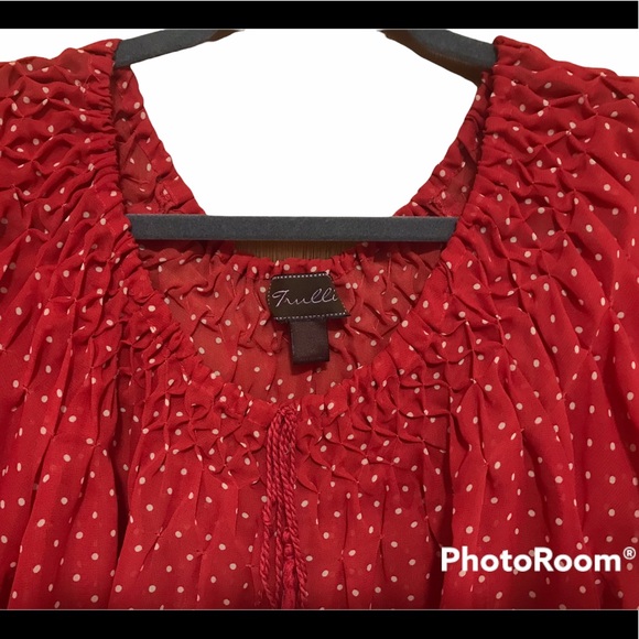 Trulli Women's Chiffon Sheer Boho Blouse, Rich Red White Polka Dots, Size Large - Picture 2 of 7